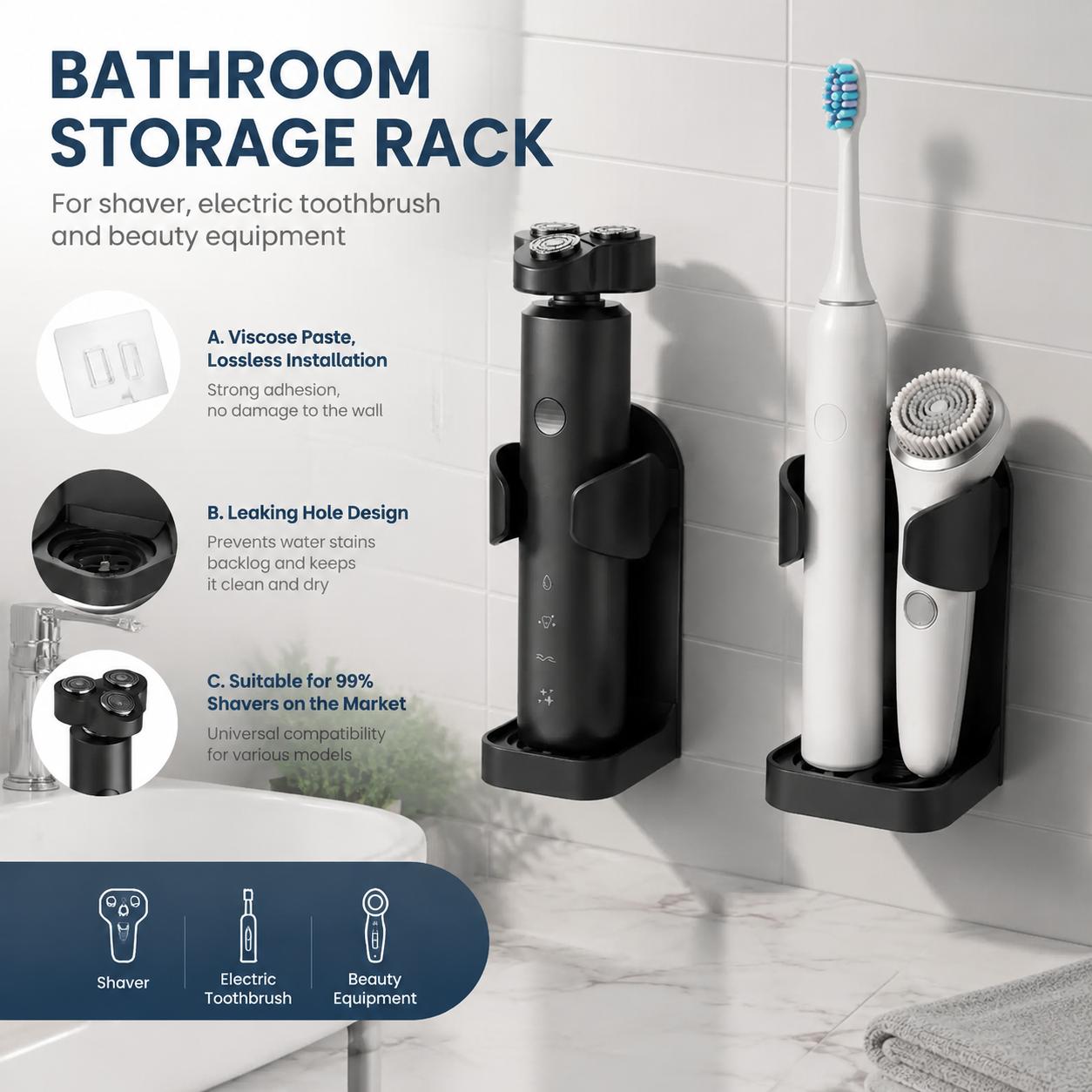 Home Essentials Bathroom Rack - Self Adhesive No Drill Waterproof Toothbrush