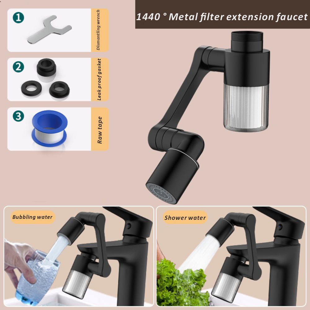 Home Bathroom Taps - New Black 1440° Rotatable with Filter